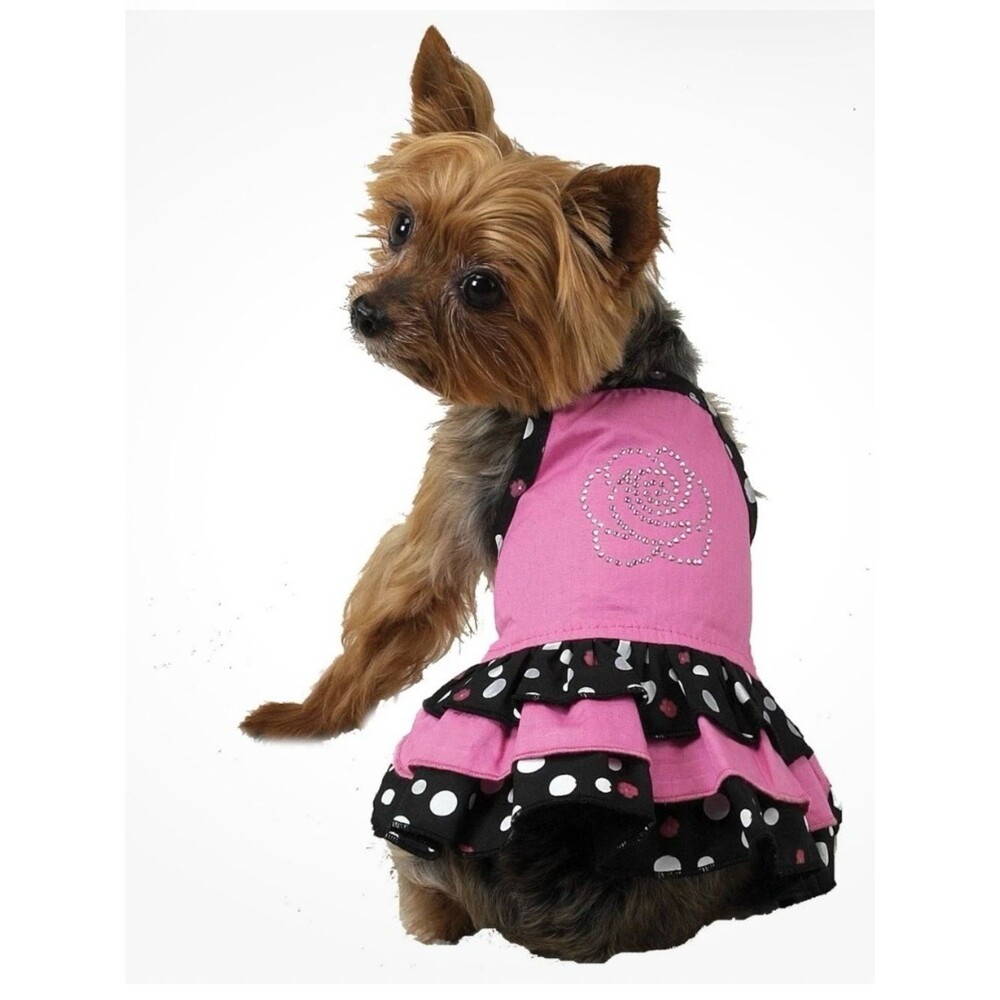 Pink Polka-Ruffle Dog/Cat Dress with Rhinestone Rose Accent